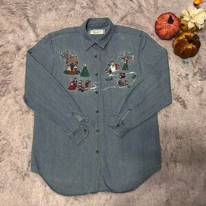 Karen Scott Blue Denim Shirt with Holiday Embroidery